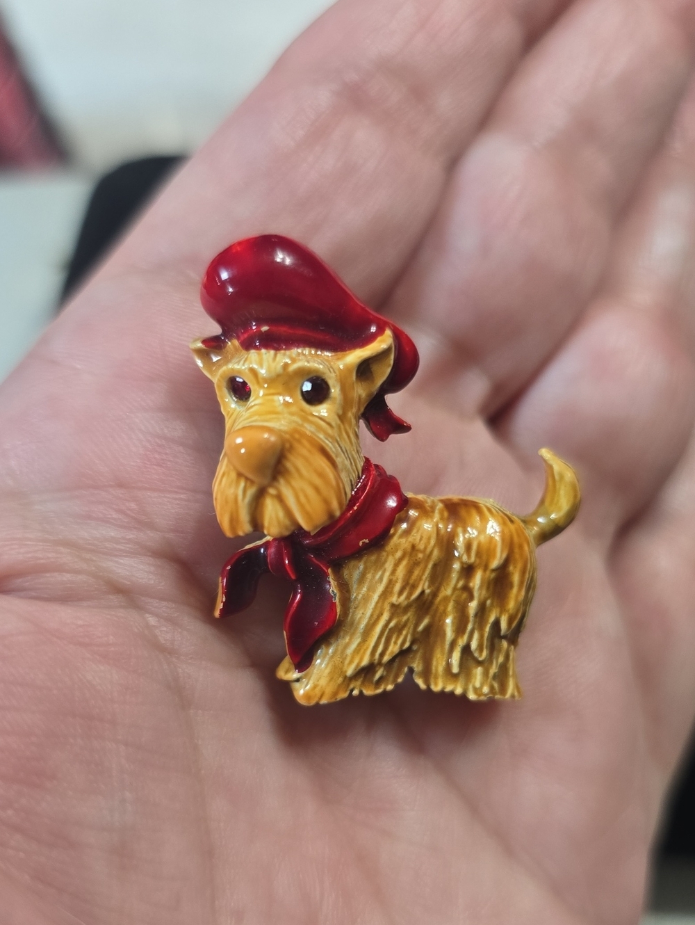 Vintage Scottish Terrier Dog Figural Brooch With Red Beret & Matching Scarf